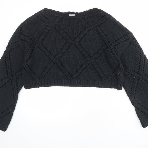 RESERVED Womens Black Round Neck Geometric Cotton Pullover Jumper Size L - Cropped