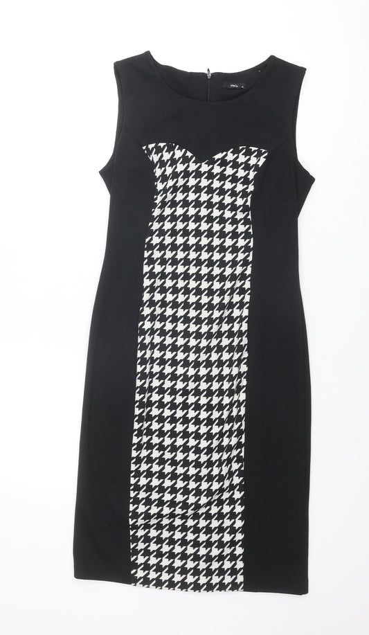 M&Co Womens Black Houndstooth Polyester Shift Size 12 Round Neck Zip