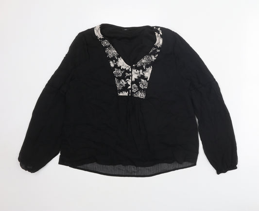 M&Co Womens Black Polyester Basic Blouse Size 16 V-Neck