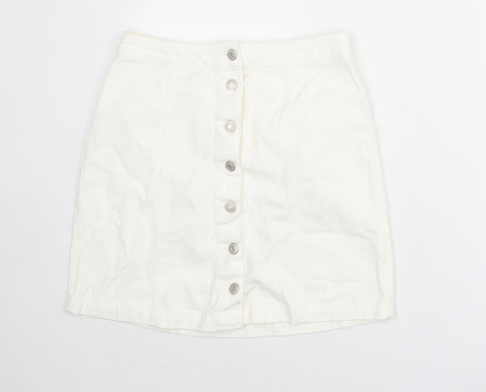 New Look Womens White Cotton A-Line Skirt Size 10 Button