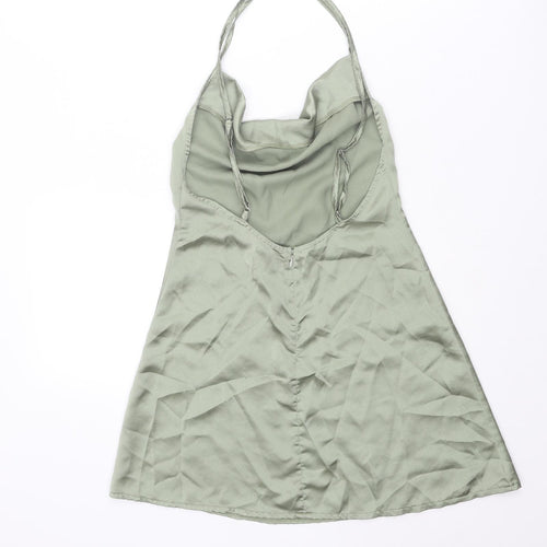 PRETTYLITTLETHING Womens Green Polyester Slip Dress Size 6 Cowl Neck Zip