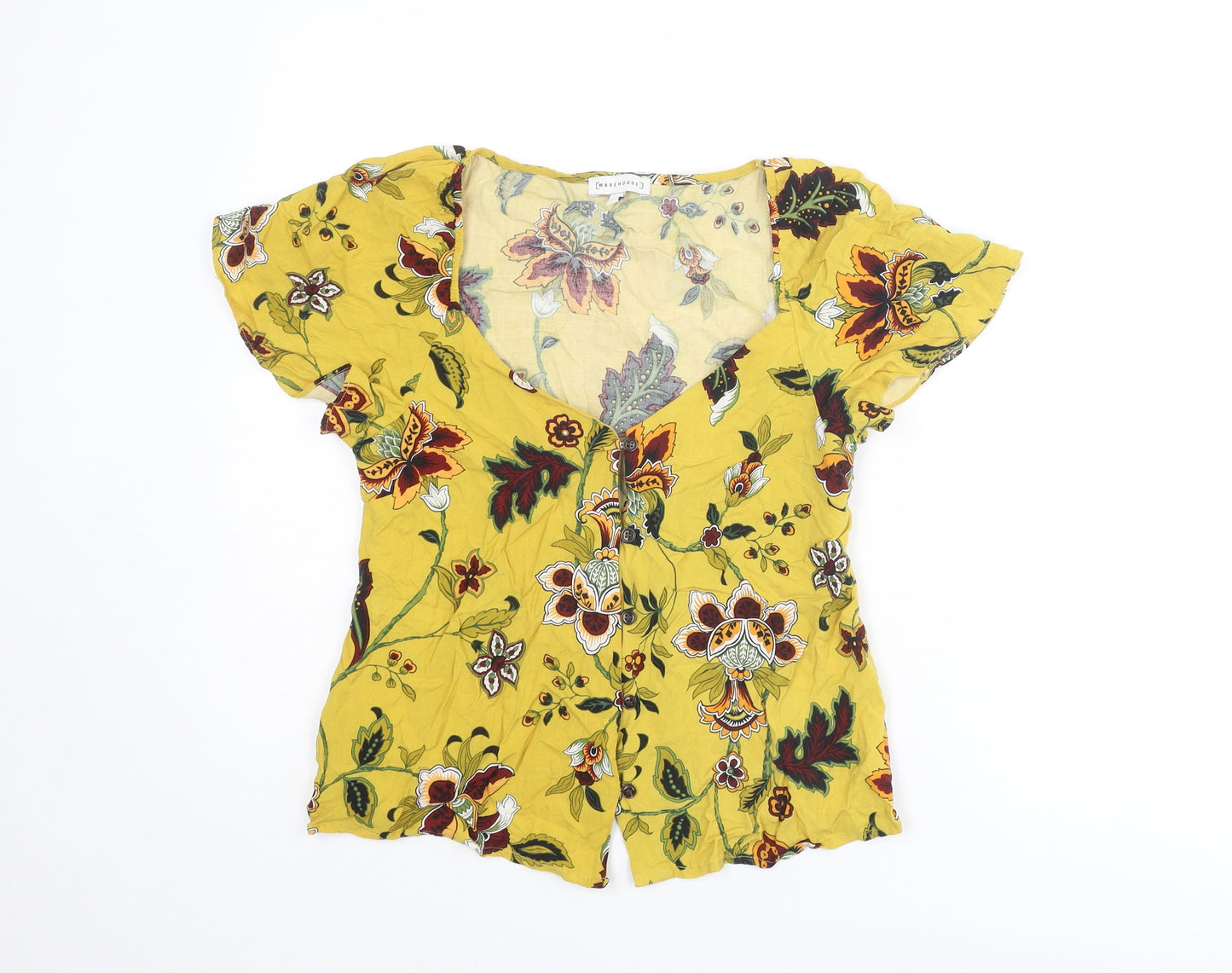Warehouse Womens Yellow Floral Viscose Basic Blouse Size 8 V-Neck