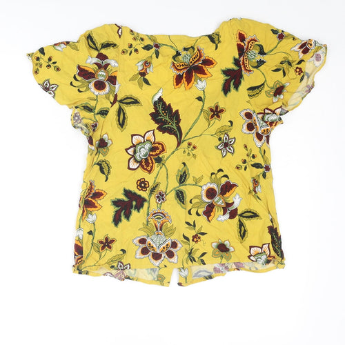 Warehouse Womens Yellow Floral Viscose Basic Blouse Size 8 V-Neck