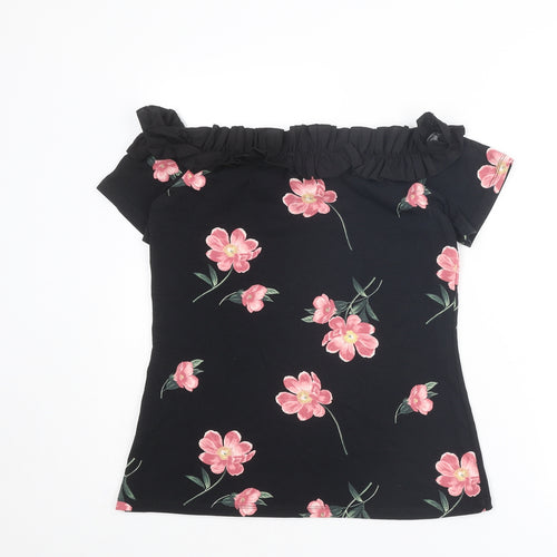 Dorothy Perkins Womens Black Floral Cotton Basic T-Shirt Size 14 Off the Shoulder