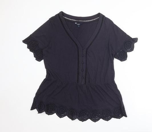 NEXT Womens Blue Cotton Basic Blouse Size 16 V-Neck - Broderie Anglaise Details