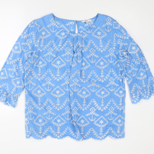 NEXT Womens Blue Geometric Cotton Basic Blouse Size 16 Boat Neck - Broderie Anglaise