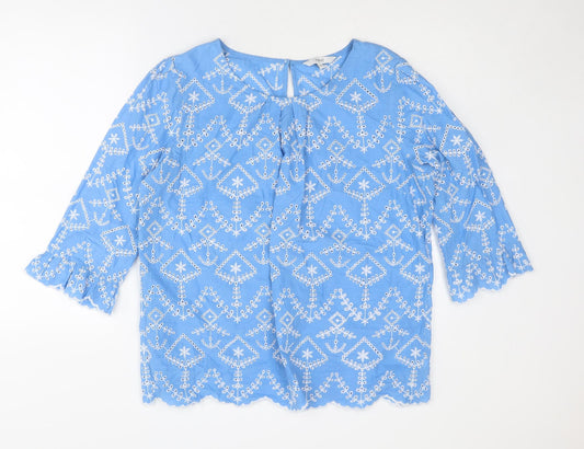 NEXT Womens Blue Geometric Cotton Basic Blouse Size 16 Boat Neck - Broderie Anglaise