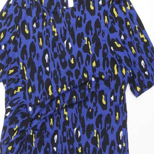 Marks and Spencer Womens Blue Animal Print Viscose Shift Size 18 Round Neck Button - Leopard pattern