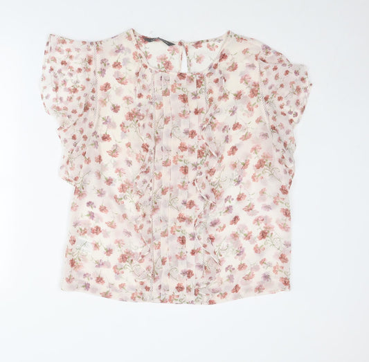 Laura Ashley Womens Multicoloured Floral Polyester Basic Blouse Size 14 Round Neck - Ruffle Sleeve