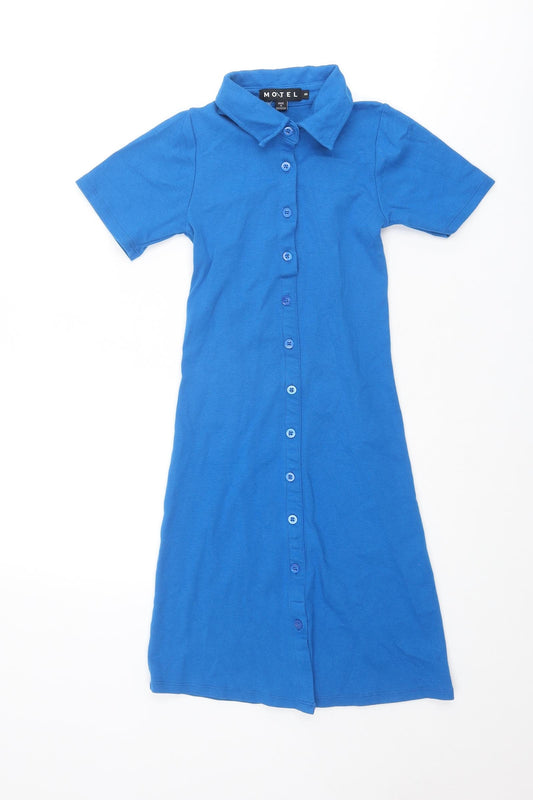 Motel Womens Blue Polyester Shirt Dress Size S Collared Button