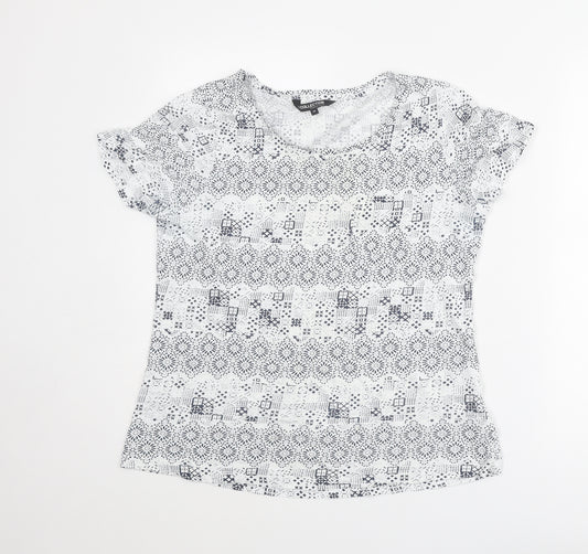 Debenhams Womens White Geometric Cotton Basic T-Shirt Size 14 Round Neck
