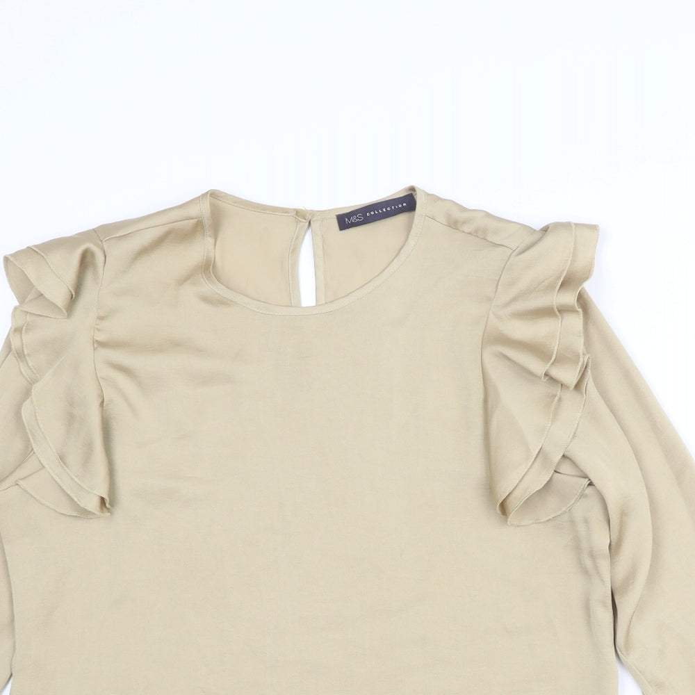 Marks and Spencer Womens Gold Polyester Basic Blouse Size 10 Round Neck