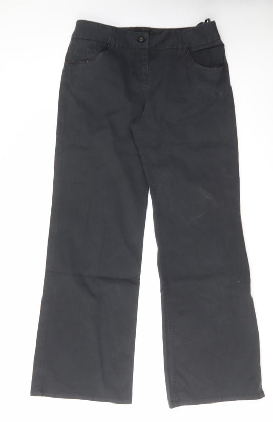 Per Una Womens Black Striped Cotton Wide-Leg Jeans Size 14 L32 in Regular Zip