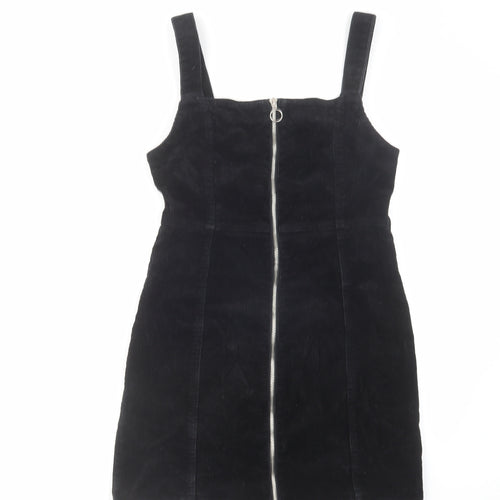 Denim & Co. Womens Black Cotton Pinafore/Dungaree Dress Size 10 Square Neck Zip