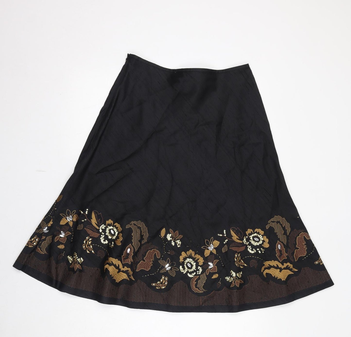 Kaliko Womens Black Floral Silk Swing Skirt Size 12 Zip