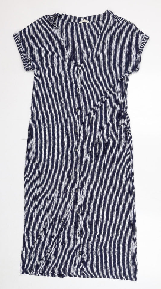 White Stuff Womens Blue Striped 100% Cotton T-Shirt Dress Size 12 V-Neck Button