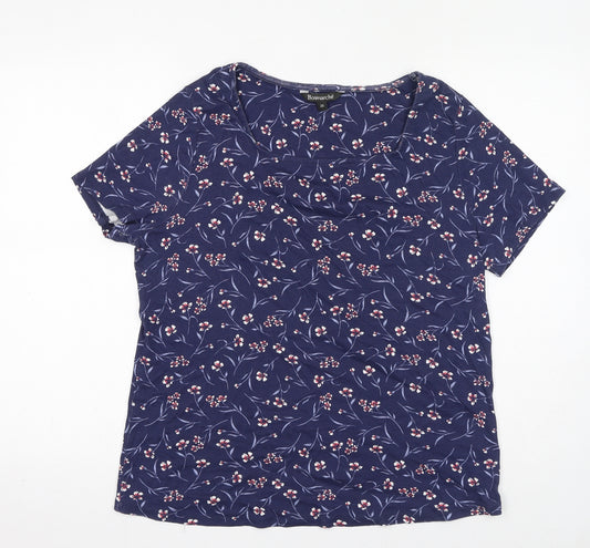 Bonmarché Womens Blue Floral 100% Cotton Basic T-Shirt Size 20 Boat Neck