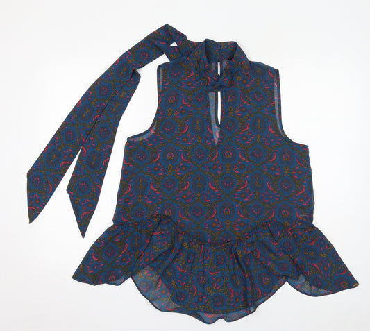 NEXT Womens Blue Geometric Polyester Basic Blouse Size 14 Mock Neck - Tie Neck Detail