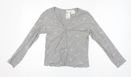 H&M Womens Grey V-Neck Floral Cotton Cardigan Jumper Size S