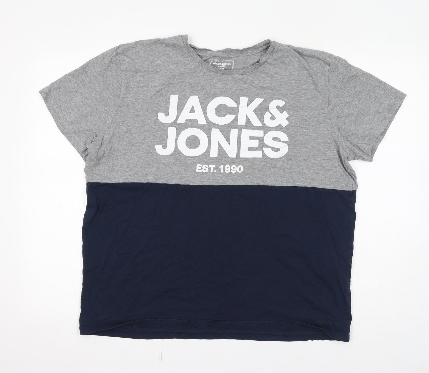 JACK & JONES Mens Blue Colourblock Cotton T-Shirt Size 2XL Crew Neck