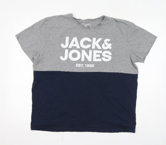 JACK & JONES Mens Blue Colourblock Cotton T-Shirt Size 2XL Crew Neck