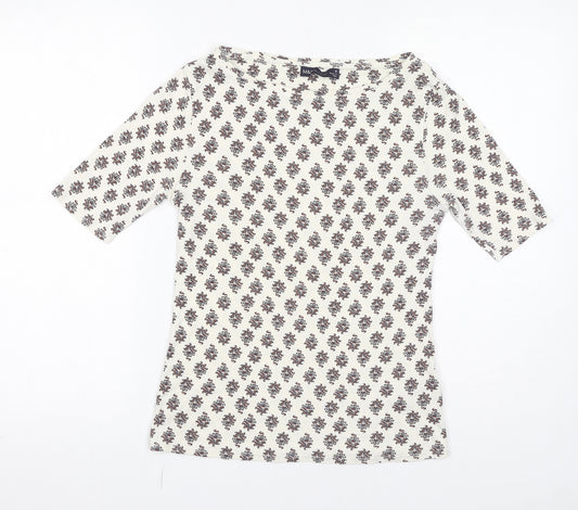 Marks and Spencer Womens White Geometric 100% Cotton Basic T-Shirt Size 8 Boat Neck