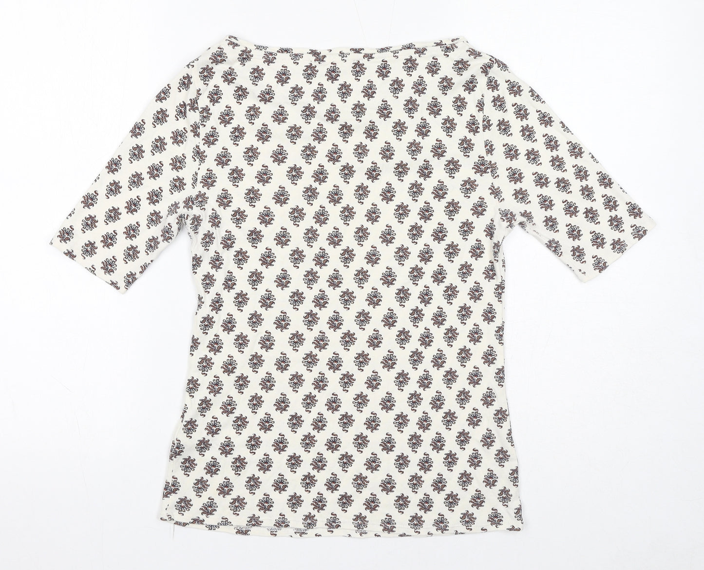 Marks and Spencer Womens White Geometric 100% Cotton Basic T-Shirt Size 8 Boat Neck