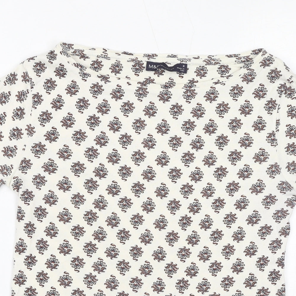 Marks and Spencer Womens White Geometric 100% Cotton Basic T-Shirt Size 8 Boat Neck