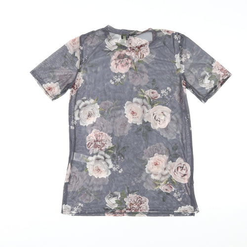 New Look Womens Grey Floral Polyester Basic T-Shirt Size 10 Round Neck - Sheer