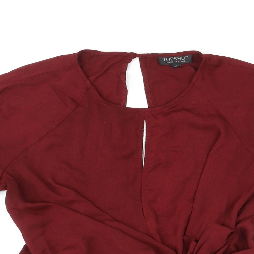 Topshop Womens Red Polyester Basic Blouse Size 8 Round Neck - Tie Front Detail