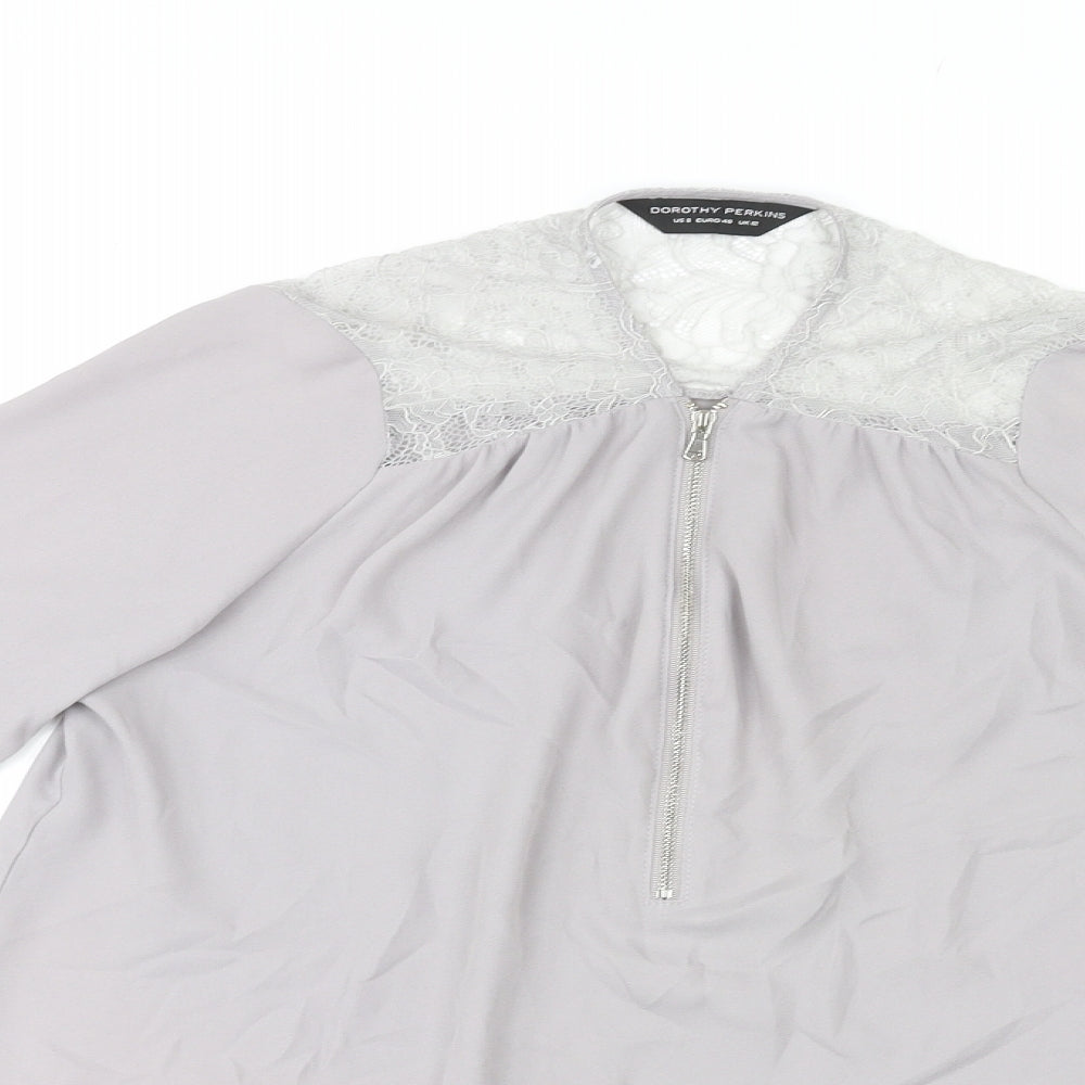 Dorothy Perkins Womens Grey Polyester Basic Blouse Size 12 V-Neck - Lace Trim
