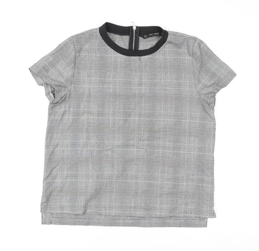 Zara Womens Grey Plaid Polyester Basic T-Shirt Size S Crew Neck