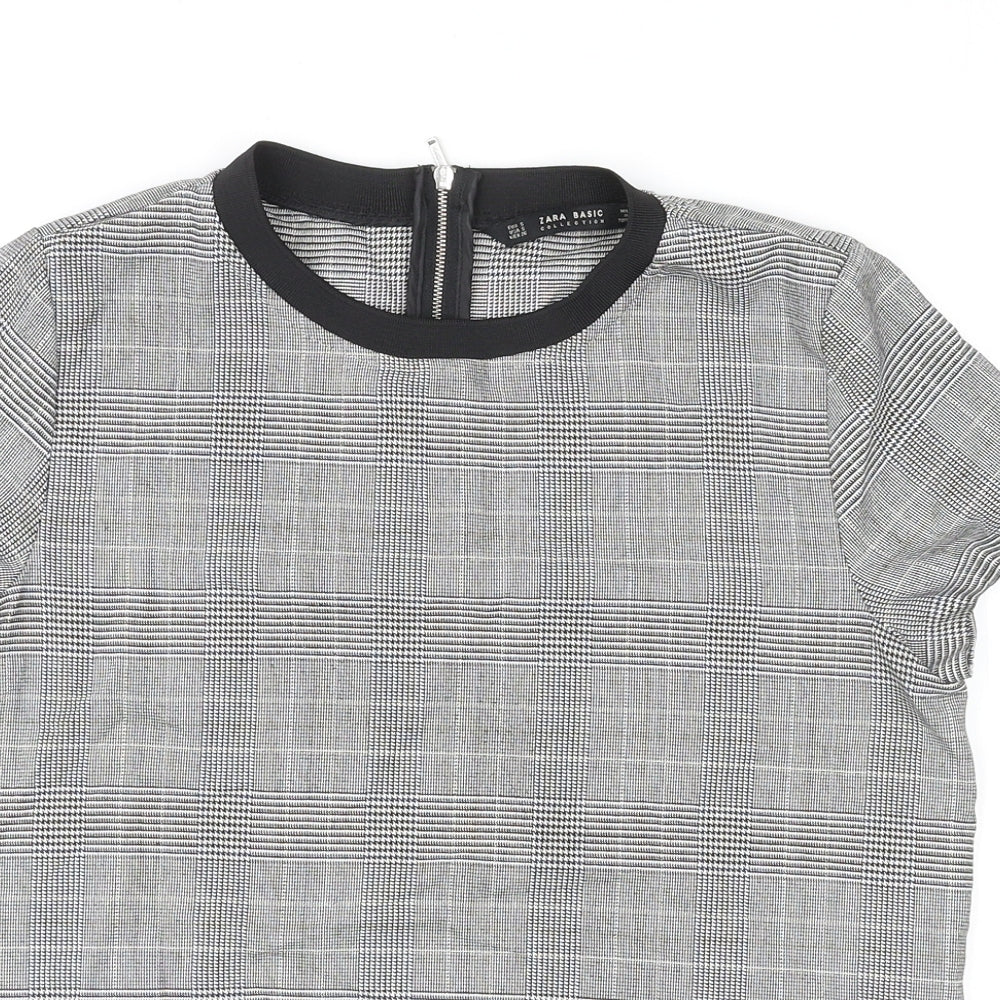 Zara Womens Grey Plaid Polyester Basic T-Shirt Size S Crew Neck