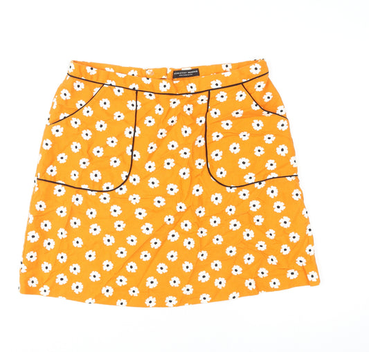 Dorothy Perkins Womens Orange Floral Cotton A-Line Skirt Size 16 Zip