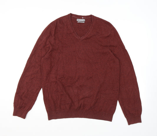 Marks and Spencer Mens Brown V-Neck Cotton Pullover Jumper Size L Long Sleeve