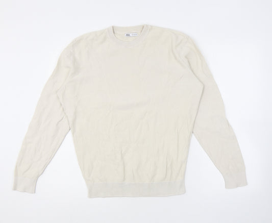 Zara Mens Beige Crew Neck Cotton Pullover Jumper Size M Long Sleeve