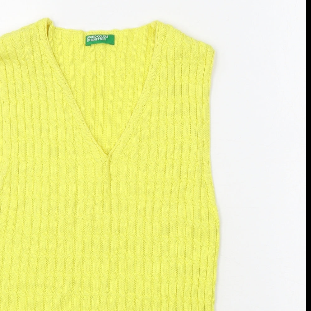 United Colors of Benetton Womens Yellow V-Neck Cotton Vest Jumper Size M Pullover