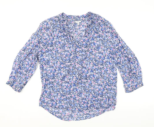 M&Co Womens Blue Floral 100% Cotton Basic Blouse Size 8 V-Neck