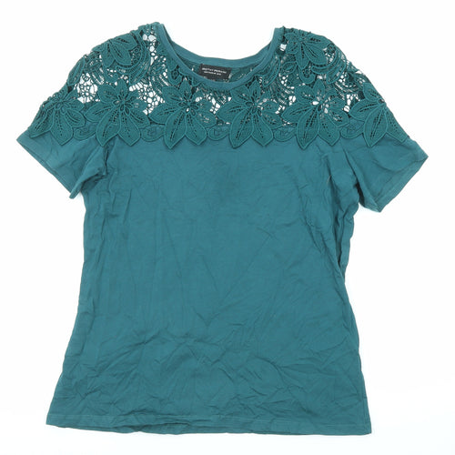 Dorothy Perkins Womens Green Cotton Basic T-Shirt Size 12 Crew Neck - Crocheted Lace Detail