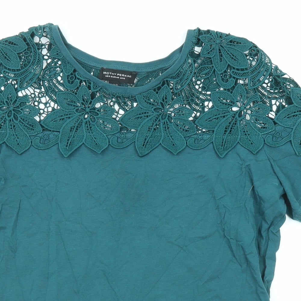 Dorothy Perkins Womens Green Cotton Basic T-Shirt Size 12 Crew Neck - Crocheted Lace Detail