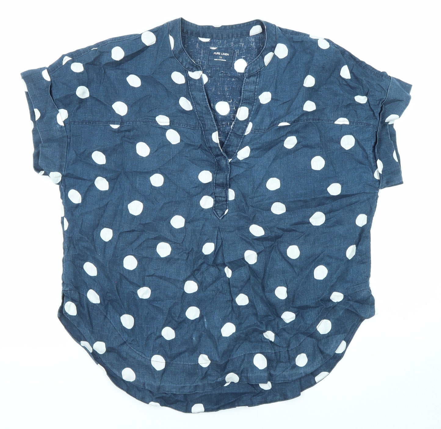 Marks and Spencer Womens Blue Polka Dot Linen Basic Blouse Size 12 V-Neck