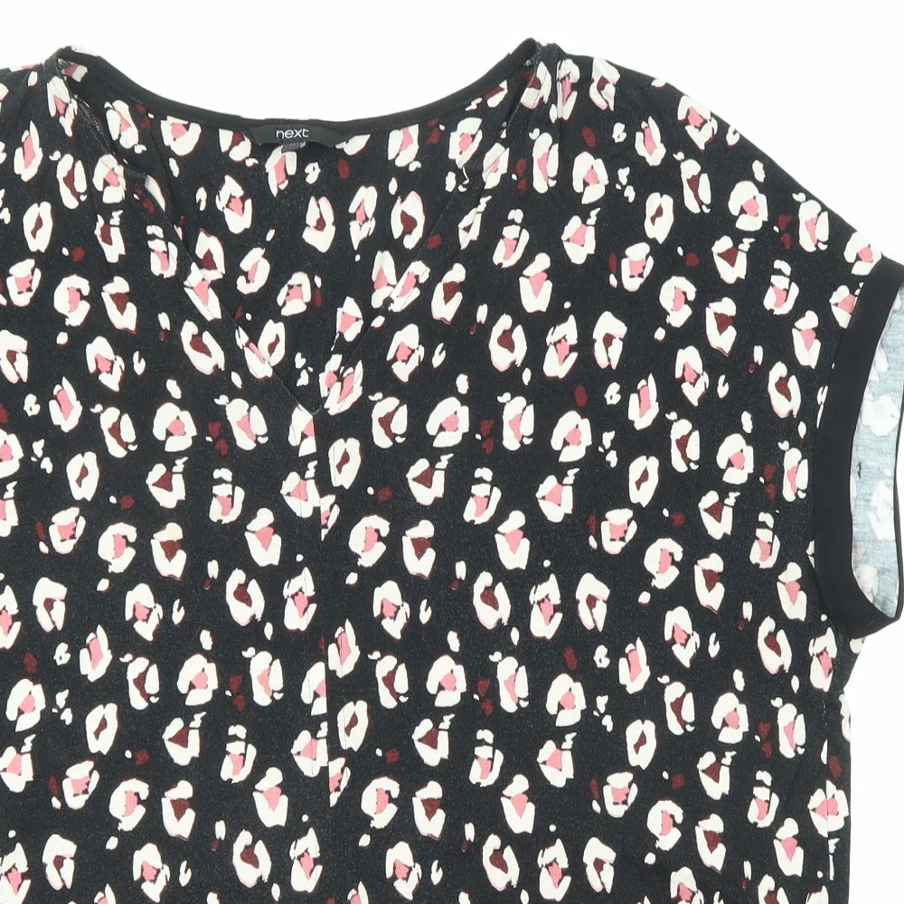 NEXT Womens Black Animal Print Polyester Basic T-Shirt Size 14 V-Neck