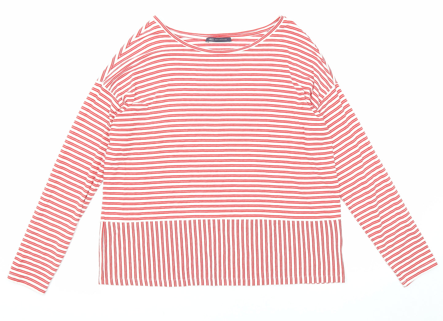 Marks and Spencer Womens Red Striped Viscose Basic T-Shirt Size 14 Boat Neck