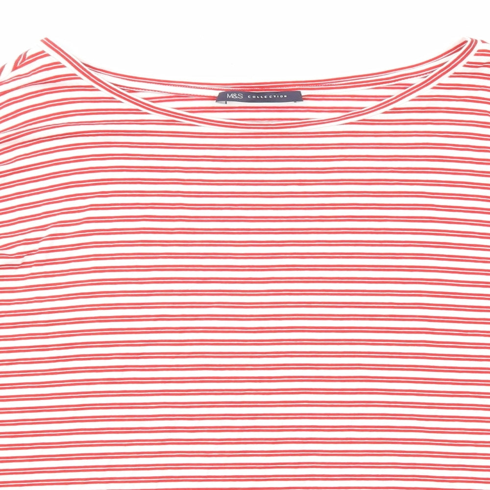 Marks and Spencer Womens Red Striped Viscose Basic T-Shirt Size 14 Boat Neck