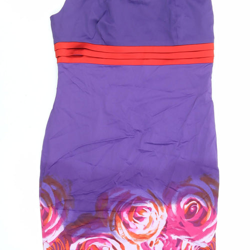 Karen Millen Womens Purple Floral Acetate Pencil Dress Size 12 Square Neck Zip - Cap Sleeve