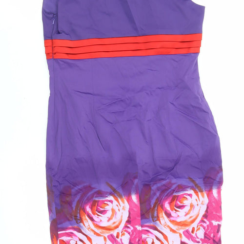 Karen Millen Womens Purple Floral Acetate Pencil Dress Size 12 Square Neck Zip - Cap Sleeve