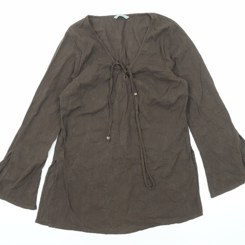 Marks and Spencer Womens Brown Cotton Tunic Blouse Size 12 V-Neck