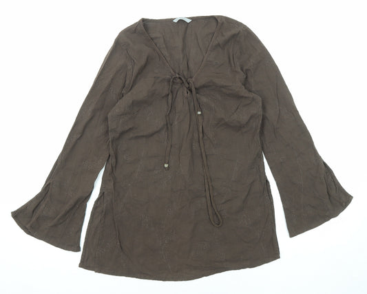 Marks and Spencer Womens Brown Cotton Tunic Blouse Size 12 V-Neck