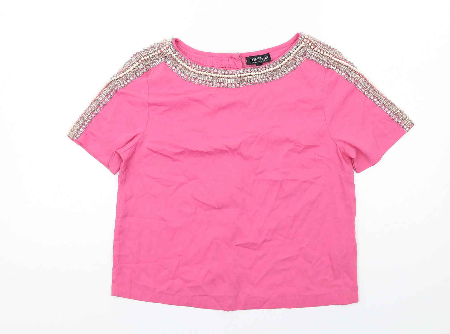 Topshop Womens Pink Polyester Basic Blouse Size 8 Boat Neck - Embellished