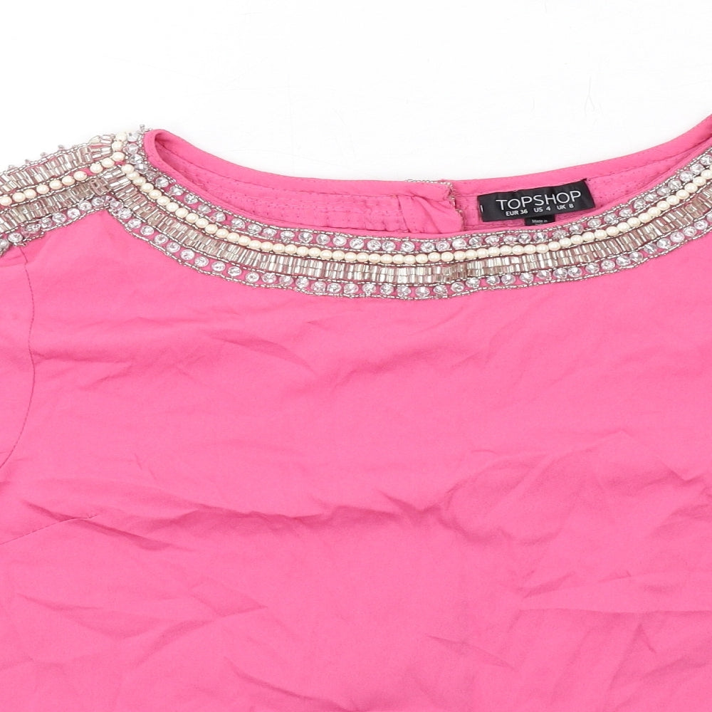 Topshop Womens Pink Polyester Basic Blouse Size 8 Boat Neck - Embellished
